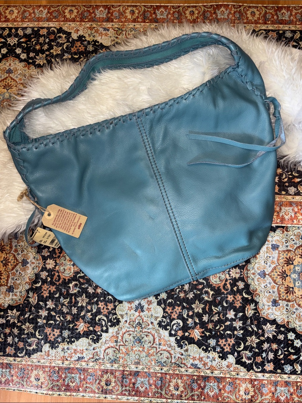 NWT Lucky Brand Hobo Purse Western Boho Fringe Braided Blue Cowhide Leather
